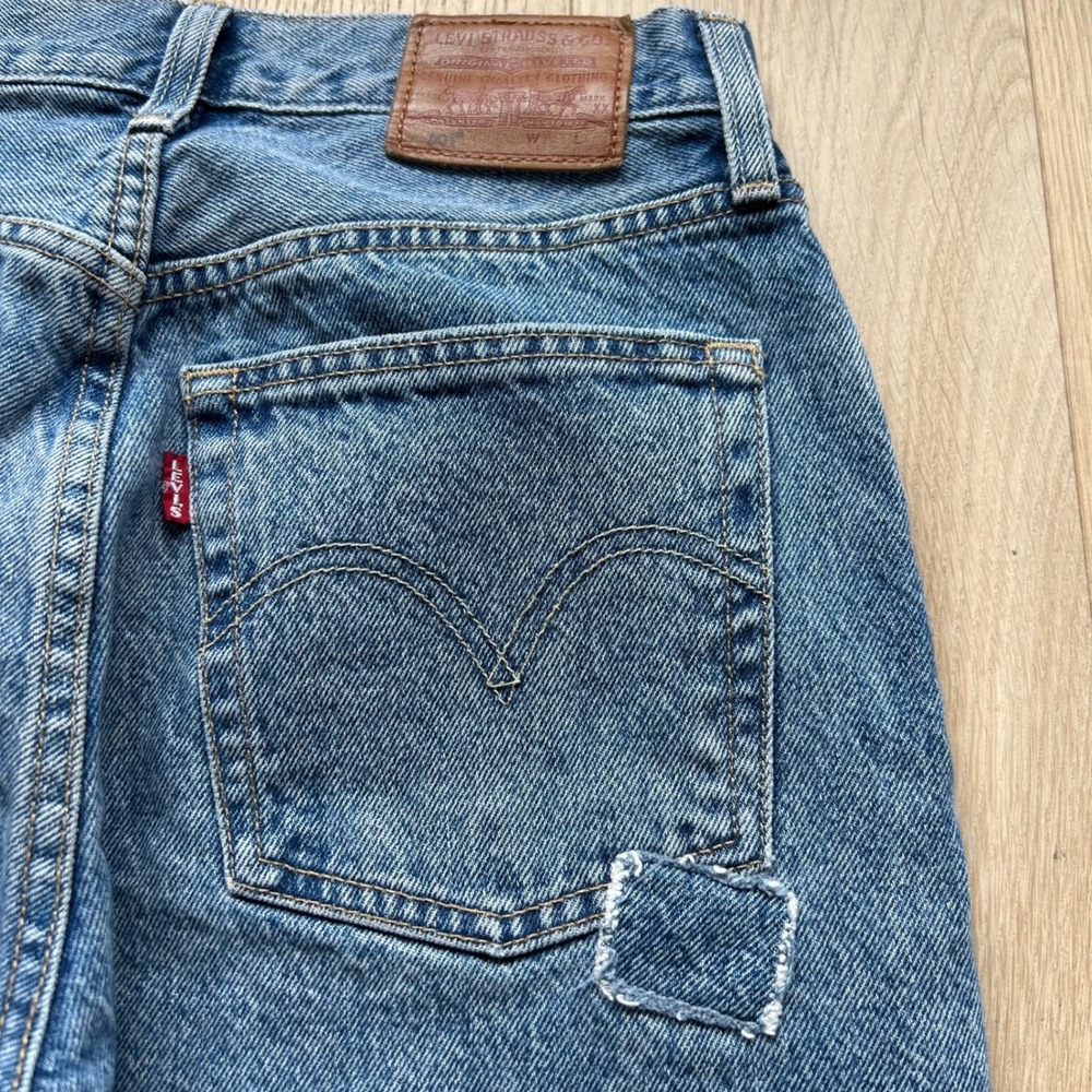 Levi's 501 Straight Leg Patchwork Jeans 26 Blue Distressed Denim Casual Upcycled - Picture 9 of 12